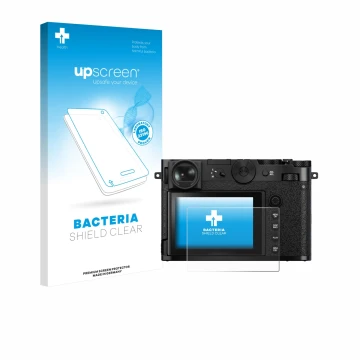 Parte frontal de un envase de producto con el logotipo de la marca upscreen. Al lado se muestra el dispositivo Fujifilm GFX 10