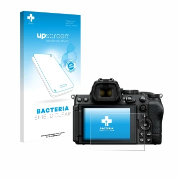 Parte frontal de un envase de producto con el logotipo de la marca upscreen. Al lado se muestra el dispositivo Nikon Z5 II con