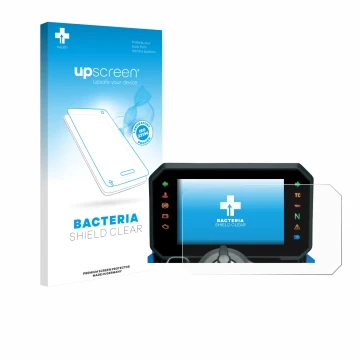 Parte frontal de un envase de producto con el logotipo de la marca upscreen. Al lado se muestra el dispositivo Suzuki GSX-8S 2