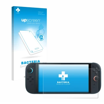 Parte frontal de un envase de producto con el logotipo de la marca upscreen. Al lado se muestra el dispositivo Nintendo Switch