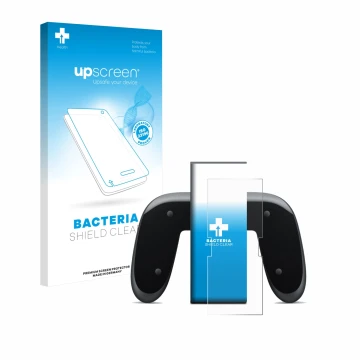 Parte frontal de un envase de producto con el logotipo de la marca upscreen. Al lado se muestra el dispositivo Nintendo Switch