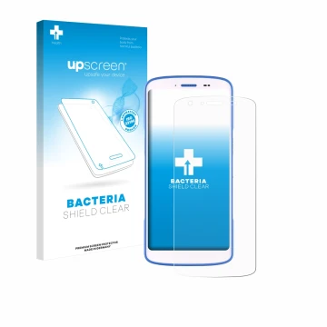 Parte frontal de un envase de producto con el logotipo de la marca upscreen. Al lado se muestra el dispositivo Zebra HC 25 con