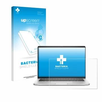 Parte frontal de un envase de producto con el logotipo de la marca upscreen. Al lado se muestra el dispositivo Dell Pro 14 Plu