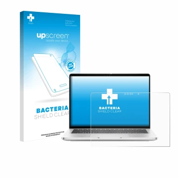 Parte frontal de un envase de producto con el logotipo de la marca upscreen. Al lado se muestra el dispositivo Dell Pro 13 Plu