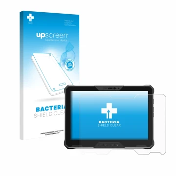 Parte frontal de un envase de producto con el logotipo de la marca upscreen. Al lado se muestra el dispositivo Dell Latitude 7