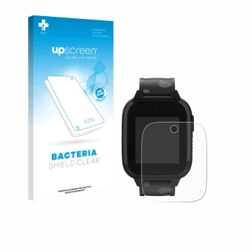 Parte frontal de un envase de producto con el logotipo de la marca upscreen. Al lado se muestra el dispositivo Xplora XGO3 (2d