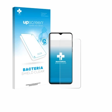 Parte frontal de un envase de producto con el logotipo de la marca upscreen. Al lado se muestra el dispositivo ZTE Nubia Neo c