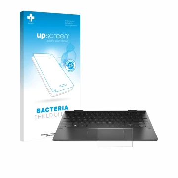 Parte frontal de un envase de producto con el logotipo de la marca upscreen. Al lado se muestra el dispositivo HP Envy x360 (1