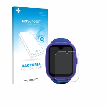 Parte frontal de un envase de producto con el logotipo de la marca upscreen. Al lado se muestra el dispositivo SaveFamily Icon