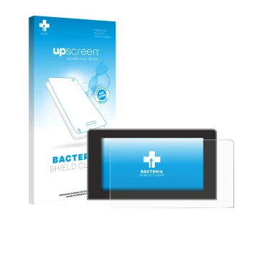 Parte frontal de un envase de producto con el logotipo de la marca upscreen. Al lado se muestra el dispositivo Volkswagen Craf