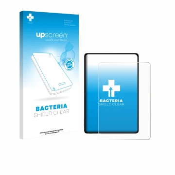 Parte frontal de un envase de producto con el logotipo de la marca upscreen. Al lado se muestra el dispositivo Honor Pad V9 co