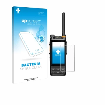 Parte frontal de un envase de producto con el logotipo de la marca upscreen. Al lado se muestra el dispositivo Hytera PDC680 c