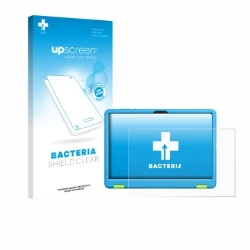 Parte frontal de un envase de producto con el logotipo de la marca upscreen. Al lado se muestra el dispositivo Honor Pad X8a K