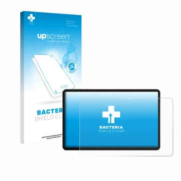 Parte frontal de un envase de producto con el logotipo de la marca upscreen. Al lado se muestra el dispositivo Honor Pad X9a c