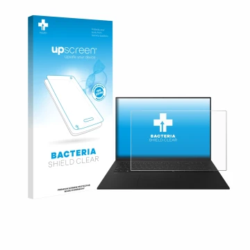 Parte frontal de un envase de producto con el logotipo de la marca upscreen. Al lado se muestra el dispositivo LG gram 17