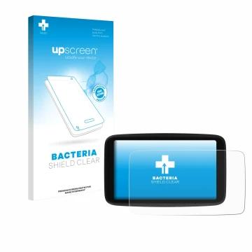 Parte frontal de un envase de producto con el logotipo de la marca upscreen. Al lado se muestra el dispositivo TomTom Go Navig