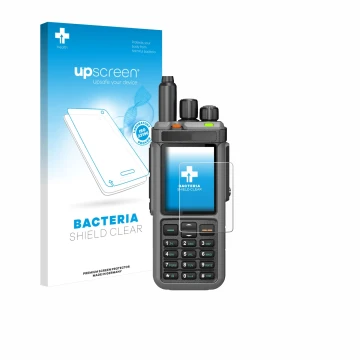 Parte frontal de un envase de producto con el logotipo de la marca upscreen. Al lado se muestra el dispositivo Radtel RT-880 c