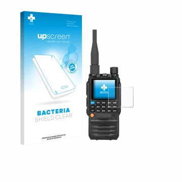 Parte frontal de un envase de producto con el logotipo de la marca upscreen. Al lado se muestra el dispositivo Tidradio TD-H3 