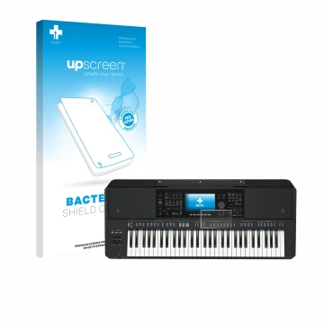 Parte frontal de un envase de producto con el logotipo de la marca upscreen. Al lado se muestra el dispositivo Yamaha PSR-SX72