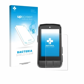 Parte frontal de un envase de producto con el logotipo de la marca upscreen. Al lado se muestra el dispositivo Wahoo Elemnt Bo