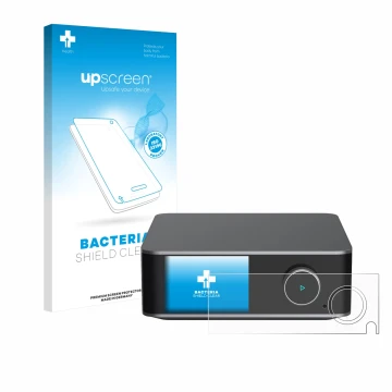 Parte frontal de un envase de producto con el logotipo de la marca upscreen. Al lado se muestra el dispositivo WiiM Ultra con 