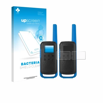 Parte frontal de un envase de producto con el logotipo de la marca upscreen. Al lado se muestra el dispositivo Motorola TALKAB
