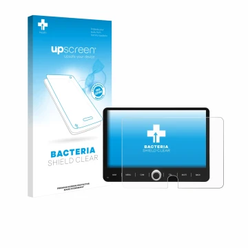 Parte frontal de un envase de producto con el logotipo de la marca upscreen. Al lado se muestra el dispositivo Dynavin D9-JP P