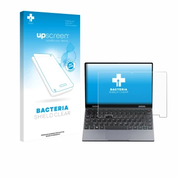 Parte frontal de un envase de producto con el logotipo de la marca upscreen. Al lado se muestra el dispositivo Chuwi MiniBook 