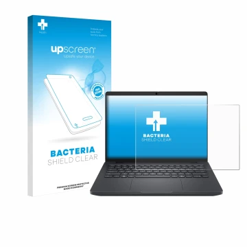 Parte frontal de un envase de producto con el logotipo de la marca upscreen. Al lado se muestra el dispositivo Dell Pro Max 14