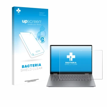Parte frontal de un envase de producto con el logotipo de la marca upscreen. Al lado se muestra el dispositivo HP OmniBook X F