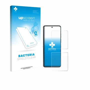 Parte frontal de un envase de producto con el logotipo de la marca upscreen. Al lado se muestra el dispositivo Motorola Razr 6