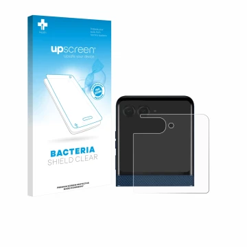 Parte frontal de un envase de producto con el logotipo de la marca upscreen. Al lado se muestra el dispositivo Motorola Razr 6
