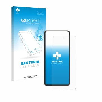 Parte frontal de un envase de producto con el logotipo de la marca upscreen. Al lado se muestra el dispositivo realme GT 7T co