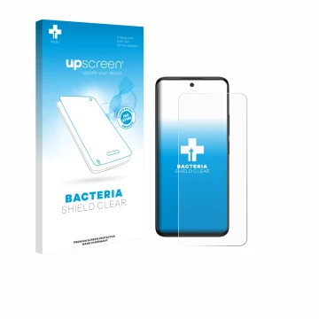Parte frontal de un envase de producto con el logotipo de la marca upscreen. Al lado se muestra el dispositivo TCL 60 5G con s