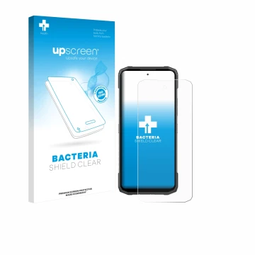 Parte frontal de un envase de producto con el logotipo de la marca upscreen. Al lado se muestra el dispositivo Doogee Blade 20