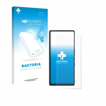 Parte frontal de un envase de producto con el logotipo de la marca upscreen. Al lado se muestra el dispositivo ZTE Nubia Red M