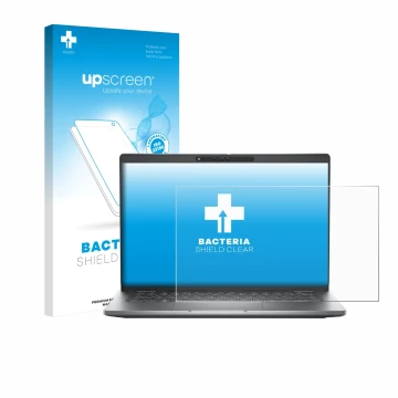 Parte frontal de un envase de producto con el logotipo de la marca upscreen. Al lado se muestra el dispositivo Dell Latitude 5