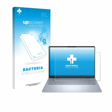 Parte frontal de un envase de producto con el logotipo de la marca upscreen. Al lado se muestra el dispositivo Dell 14 Plus La