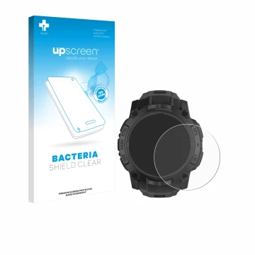 Parte frontal de un envase de producto con el logotipo de la marca upscreen. Al lado se muestra el dispositivo Garmin Instinct