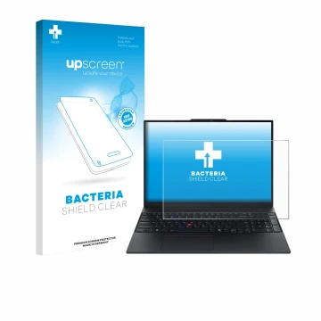 Parte frontal de un envase de producto con el logotipo de la marca upscreen. Al lado se muestra el dispositivo Lenovo ThinkPad