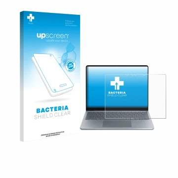 Parte frontal de un envase de producto con el logotipo de la marca upscreen. Al lado se muestra el dispositivo Microsoft Surfa