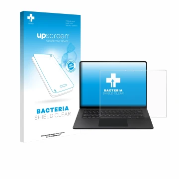 Parte frontal de un envase de producto con el logotipo de la marca upscreen. Al lado se muestra el dispositivo Microsoft Surfa