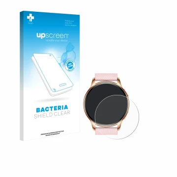 Parte frontal de un envase de producto con el logotipo de la marca upscreen. Al lado se muestra el dispositivo Maoo VT.11 con 