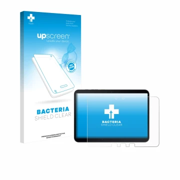 Parte frontal de un envase de producto con el logotipo de la marca upscreen. Al lado se muestra el dispositivo Samsung Galaxy 