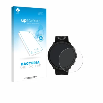 Parte frontal de un envase de producto con el logotipo de la marca upscreen. Al lado se muestra el dispositivo Suunto Run con 