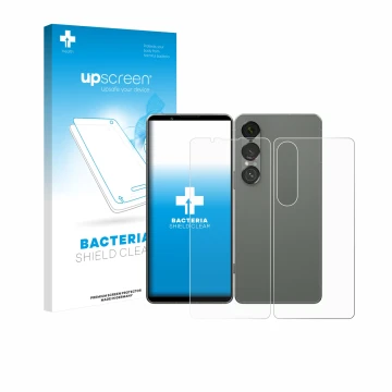 Parte frontal de un envase de producto con el logotipo de la marca upscreen. Al lado se muestra el dispositivo Sony Xperia 1 V