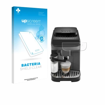 Parte frontal de un envase de producto con el logotipo de la marca upscreen. Al lado se muestra el dispositivo DeLonghi Magnif
