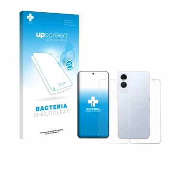 Parte frontal de un envase de producto con el logotipo de la marca upscreen. Al lado se muestra el dispositivo Samsung Galaxy 