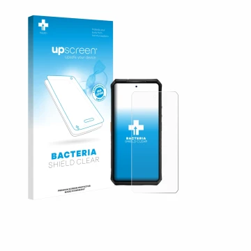 Parte frontal de un envase de producto con el logotipo de la marca upscreen. Al lado se muestra el dispositivo Ulefone Armor 2