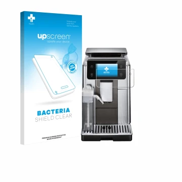 Parte frontal de un envase de producto con el logotipo de la marca upscreen. Al lado se muestra el dispositivo DeLonghi PrimaD